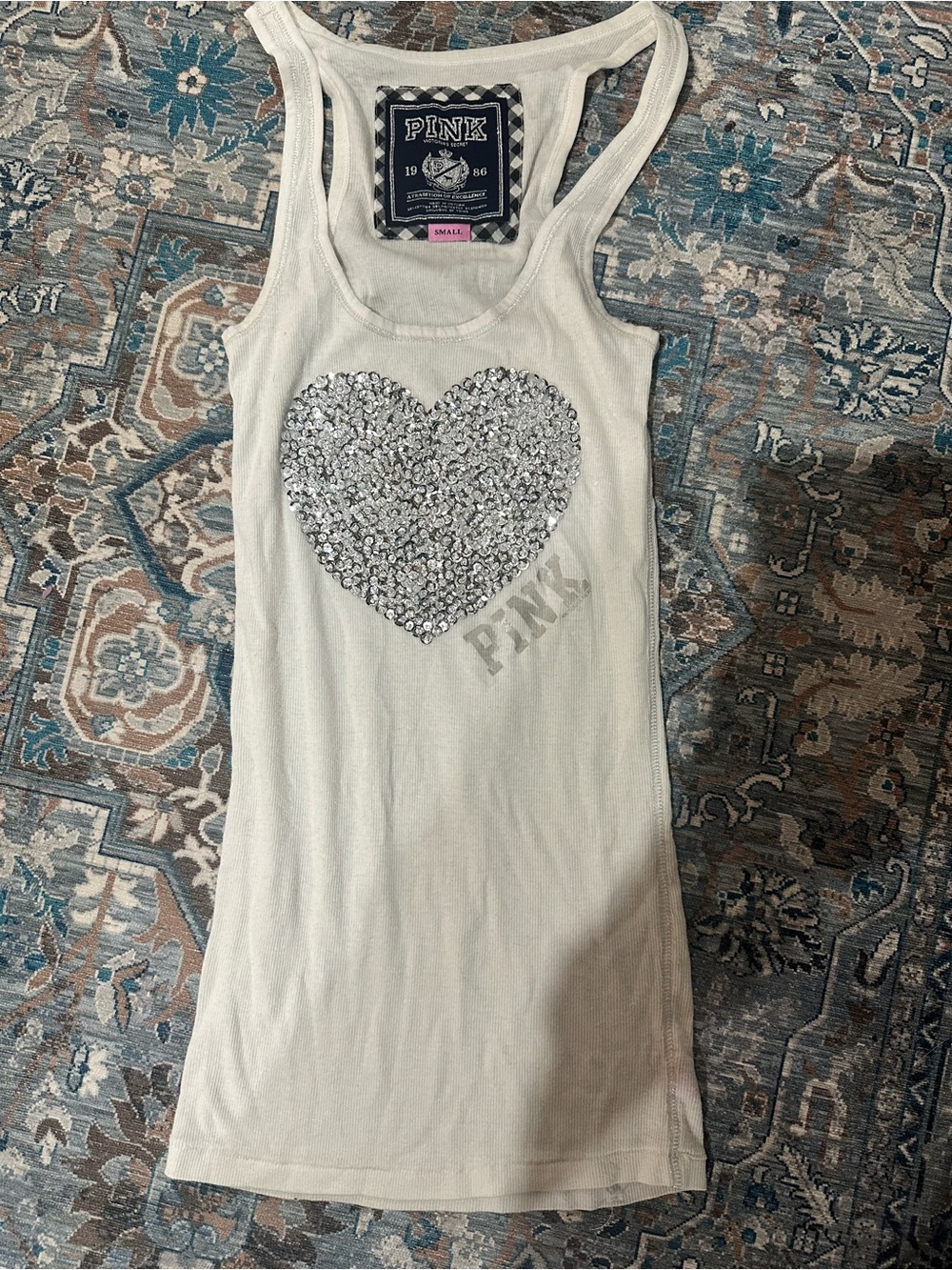 PINK Victoria's Secret White Tank with Silver Sequin Heart